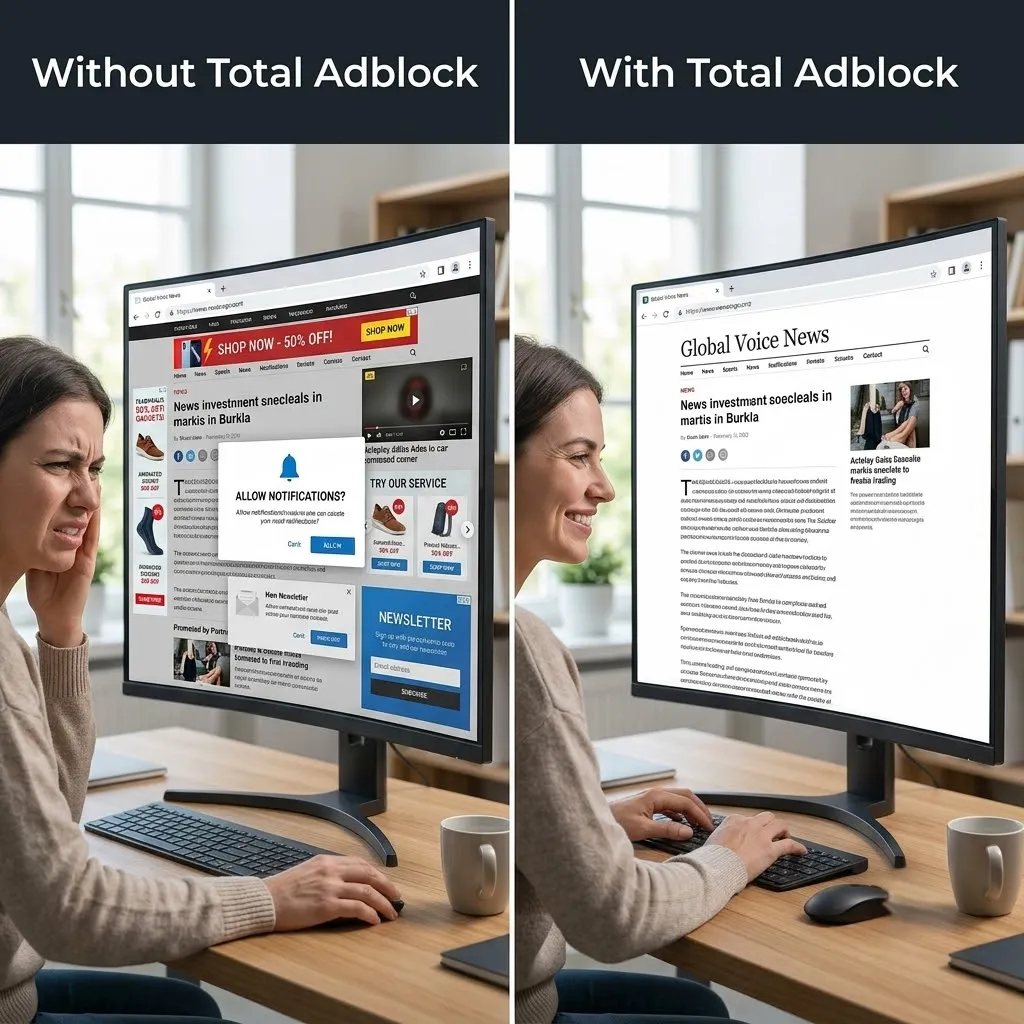 Side-by-side comparison showing a person looking frustrated at a browser page full of pop-up ads and banners on the left, and the same person calmly reading a clean, ad-free webpage on the right, labeled Without Total Adblock and With Total Adblock
